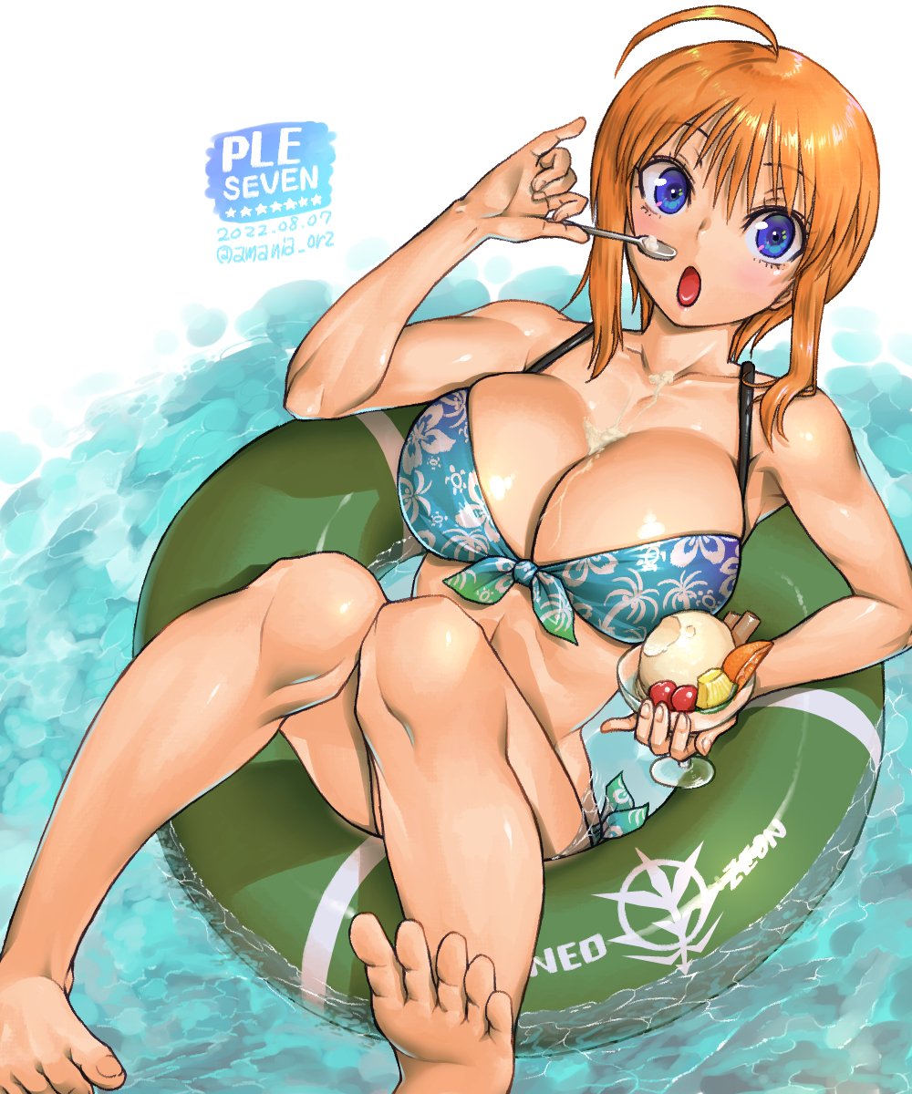 1girl ahoge amania_orz bangs barefoot bikini blue_eyes breasts cherry cleavage copyright_request food fruit highres ice_cream innertube large_breasts looking_at_viewer open_mouth orange_(fruit) orange_slice pineapple pineapple_slice solo spoon swimsuit twitter_username water