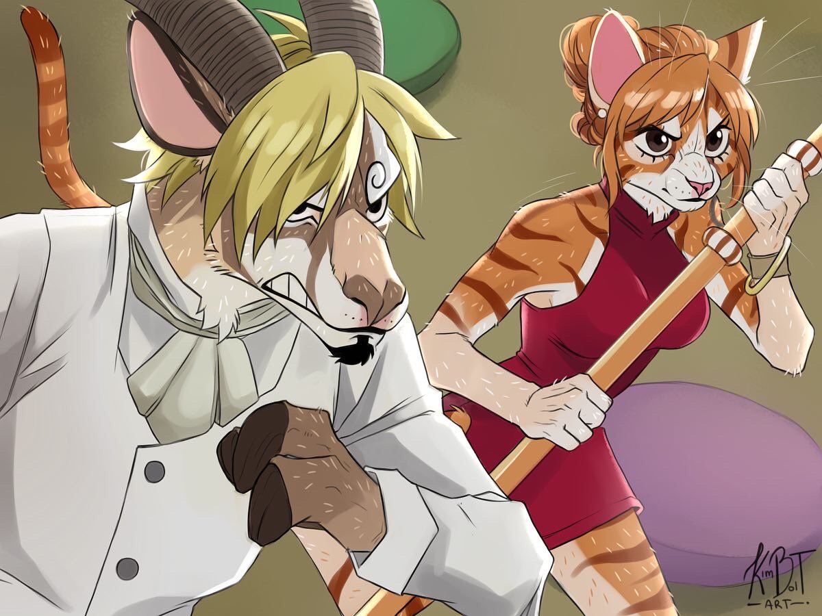 alternate_species angry antelope anthro blonde_hair bodily_fluids bovid breasts domestic_cat felid feline felis fighting_pose furrification hair kimboltart male mammal nami_(one_piece) one_piece orange_hair pose sanji_(one_piece)