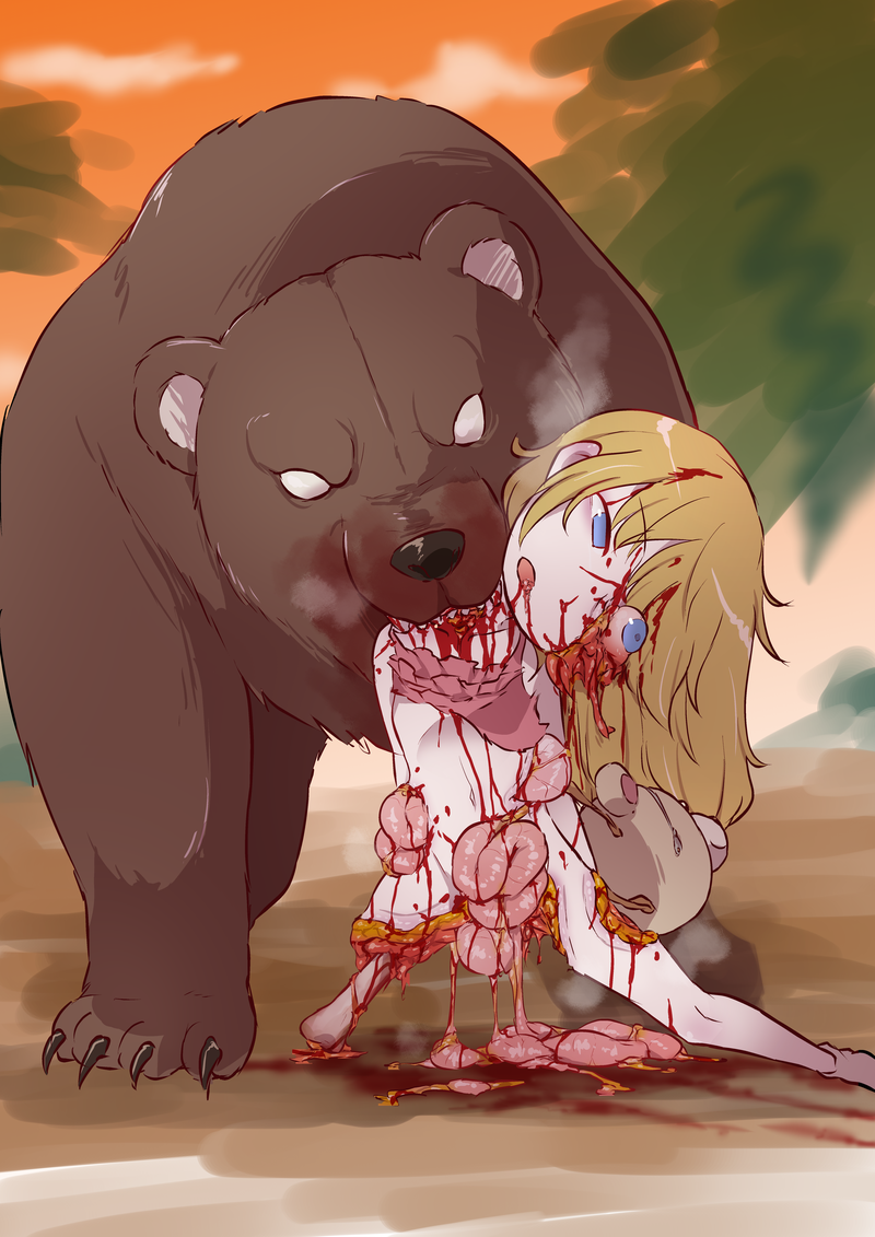 2016 4_toes ambiguous_gender black_nose blonde_hair blood blood_on_ground blood_on_mouth blue_eyes bodily_fluids bone bottomless breath brown_bear brown_body brown_fur claws clothed clothing corpse death detailed_background digital_media_(artwork) dismemberment duo empty_eyes fat_tissue feet female feral flat_chested front_view fur gore grizzly_bear grotesque_death guts hair harasaki human inner_ear_fluff intestines larger_ambiguous larger_feral light_body light_skin long_hair mammal missing_leg muscle_tissue navel open_mouth organs outside plushie quadruped size_difference smaller_female smaller_human teddy_bear toe_claws toes topwear tuft ursid ursine white_eyes young
