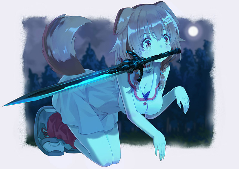 1girl 54hao all_fours animal_ears blurry blurry_background blush breasts dark_souls_(series) dark_souls_i dog_ears dog_tail forest full_body hololive inugami_korone medium_breasts medium_hair meme moon nature night parody shoes solo sword tail virtual_youtuber weapon