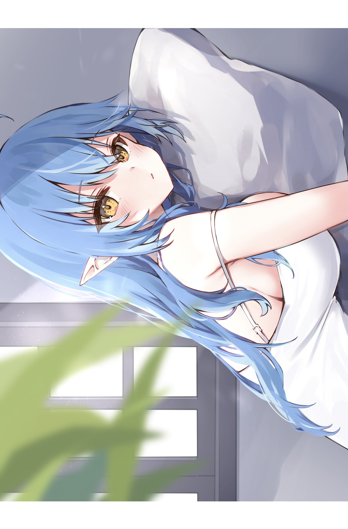 1girl ahoge blurry blurry_foreground blush breast_press breasts camisole depth_of_field elf from_side highres hololive large_breasts long_hair looking_at_viewer messy_hair parted_lips pointy_ears shiro_hebi_rei sideboob solo strap_slip upper_body virtual_youtuber waking_up white_camisole yellow_eyes yukihana_lamy