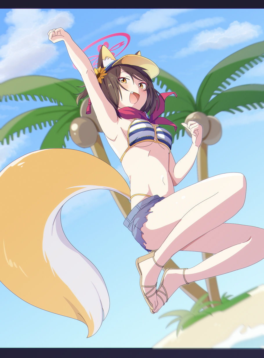 1girl animal_ear_fluff animal_ears arm_up bangs beach bikini bikini_top_only blue_archive breasts brown_hair cloud coconut coconut_tree day denim denim_shorts fang flower fox_ears fox_girl fox_tail hair_flower hair_ornament hat highres izuna_(blue_archive) izuna_(swimsuit)_(blue_archive) letterboxed marudeningen medium_breasts open_mouth orange_eyes outdoors palm_tree red_scarf sandals scarf short_shorts shorts sky solo striped striped_bikini swimsuit tail tree visor_cap