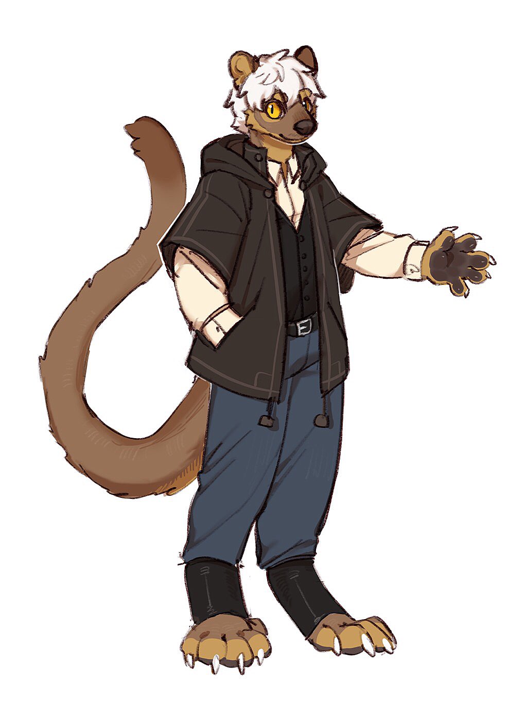 anthro asnnonaka black_clothing black_jacket black_nose black_topwear blue_bottomwear blue_clothing blue_pants bottomwear brown_body brown_fur brown_tail claws closed_smile clothed clothing full-length_portrait fur glistening glistening_eyes hair hand_in_pocket hi_res jacket looking_at_viewer male mouth_closed pants pockets portrait pupils short_hair simple_background slit_pupils solo species_request three-quarter_view topwear unsigned white_background white_claws white_clothing white_hair white_topwear yellow_eyes