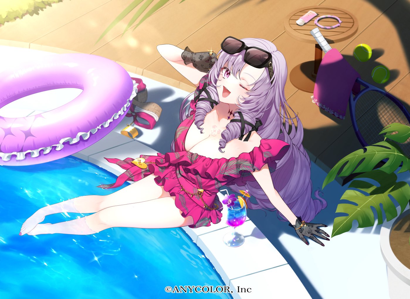 1girl ;d asazuke25 ball bangs bare_legs barefoot black_gloves breasts chest_tattoo cleavage drill_hair eyewear_on_head frilled_swimsuit frills full_body gloves hyakumantenbara_salome innertube jewelry large_breasts long_hair looking_at_viewer nail_polish nijisanji official_art one_eye_closed pink_one-piece_swimsuit poolside purple_eyes purple_hair racket ring sitting smile solo sunglasses swimsuit tattoo tennis_ball tennis_racket toenail_polish toenails very_long_hair virtual_youtuber