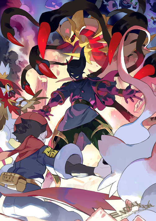 2boys artist_name black_hair cabbie_hat e_volution evil_smile floating_scarf galaxy_expedition_team_survey_corps_uniform giratina hat hisuian_decidueye hisuian_zorua long_sleeves multiple_boys pokemon pokemon_(game) pokemon_legends:_arceus pouch red_headwear red_scarf rei_(pokemon) scarf shaded_face short_hair smile volo_(pokemon)