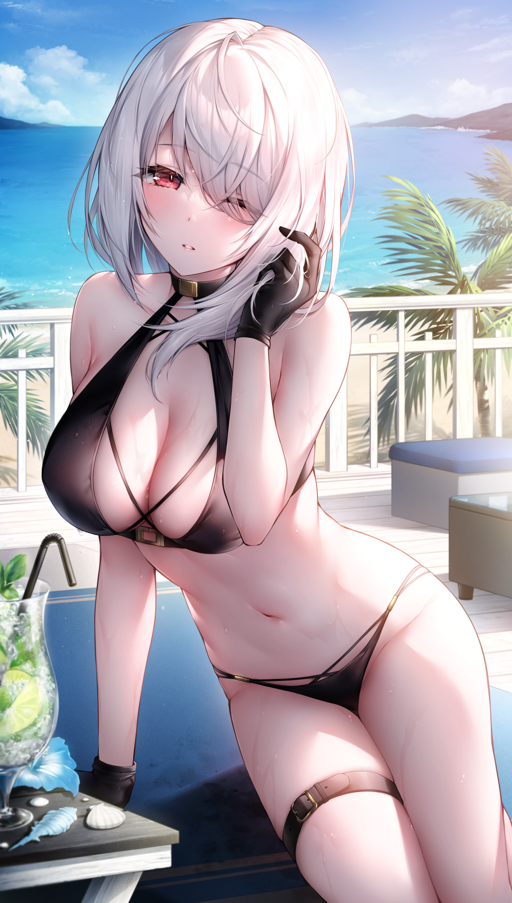 1girl arm_support bangs bare_arms bare_shoulders bikini black_bikini black_gloves blue_flower blush breasts cleavage conch day drinking_straw flower gloves hair_over_one_eye highres large_breasts lenne_(oyuwari) looking_at_viewer medium_hair navel ocean one_eye_closed original outdoors oyuwari palm_tree parted_lips red_eyes solo stomach swimsuit thigh_strap tree wet white_hair