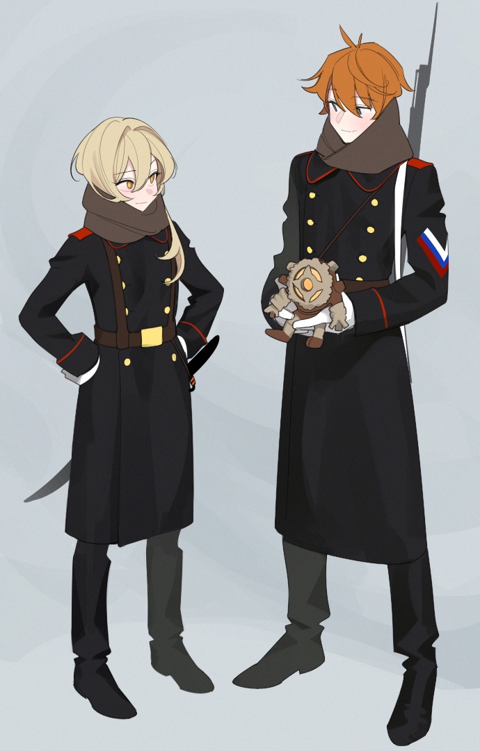 1boy 1girl abbystea bayonet black_footwear blonde_hair boots genshin_impact hand_on_hip height_difference history holding light_smile looking_at_another lumine_(genshin_impact) military military_uniform red_headwear russia russian_army russian_clothes saber_(weapon) scarf smile sword tartaglia_(genshin_impact) uniform weapon white_army winter_clothes winter_uniform