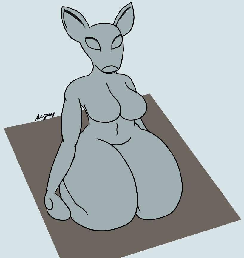 2022 anthro asker_kulturhus breasts cervid don't_be_a_stranger_(sculpture) featureless_breasts female grey_body kneeling living_statue looking_at_viewer mammal marcusdadog meme navel no_pupils nude seiza signature simple_background sitting solo thick_thighs wide_hips