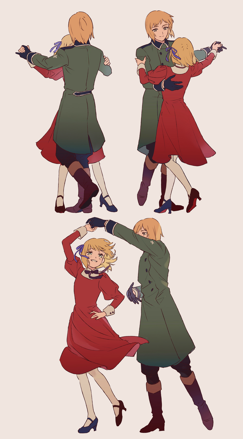 1boy 1girl axis_powers_hetalia black_gloves black_pants blonde_hair bob_cut boots brown_footwear dancing dress gloves green_eyes grin happy highres holding_hands juliet_sleeves liechtenstein_(hetalia) long_sleeves mary_janes military military_uniform multiple_views pants puffy_pants puffy_sleeves red_dress shoes short_hair siblings smile switzerland_(hetalia) thighhighs uniform vvvrsi3636 white_thighhighs