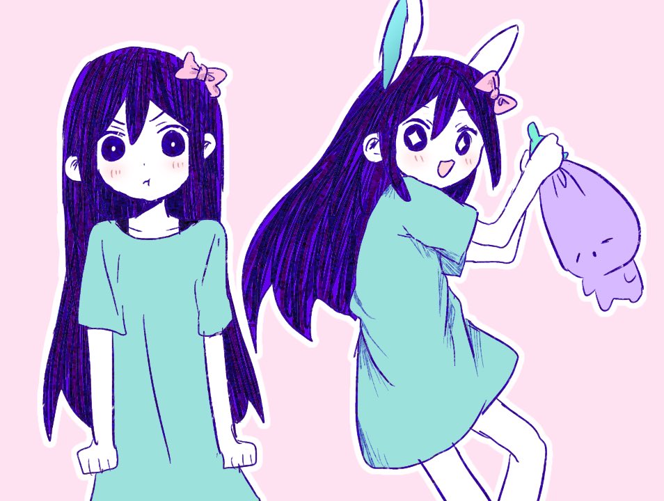 angry animal_ears big_eyes black_hair blue_dress blush closed_mouth dress expandmari happy long_hair mari_(omori) omori open_mouth rabbit_ears ribbon stuffed_toy