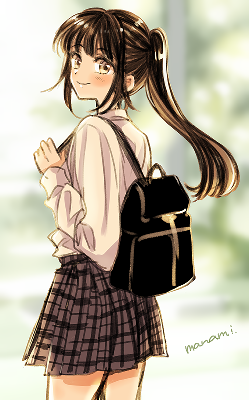 1girl backpack bag bangs black_bag blurry blurry_background blush brown_eyes brown_hair brown_skirt closed_mouth commentary_request hand_up happy holding_strap long_hair long_sleeves looking_at_viewer looking_back miniskirt original plaid plaid_skirt pleated_skirt ponytail school_bag school_uniform shiny shiny_hair shirt shirt_tucked_in signature skirt smile solo standing sugano_manami white_shirt