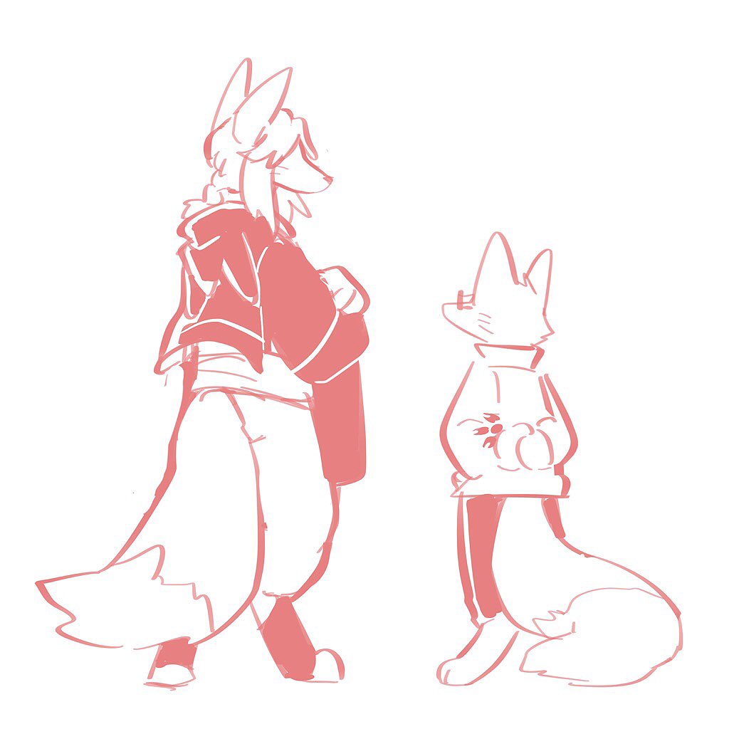 1:1 ambiguous_gender anthro asnnonaka bottomwear canid clothed clothing digitigrade dipstick_tail duo eyewear glasses hair hair_over_eye mammal markings monochrome one_eye_obstructed rear_view red_and_white simple_background size_difference sketch standing tail_markings topwear unsigned