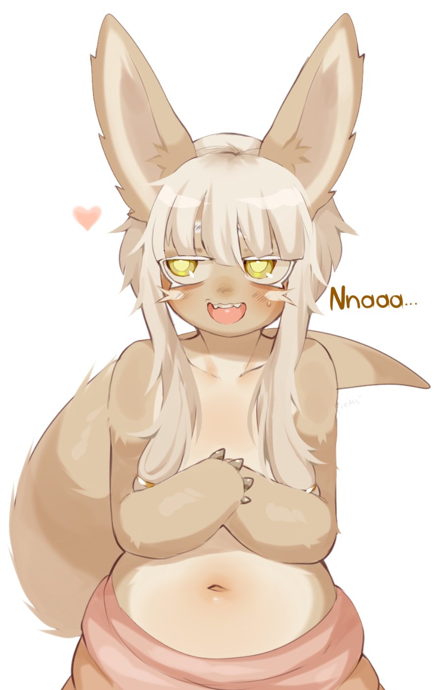 &lt;3 4_fingers anthro bodily_fluids breasts brown_body brown_fur covering covering_breasts covering_self digital_media_(artwork) english_text female fingers fredek666 fur hair hi_res lagomorph leporid looking_aside looking_away made_in_abyss mammal nanachi narehate navel open_mouth open_smile rabbit simple_background smile solo sweat teeth text tongue white_background white_hair yellow_eyes young