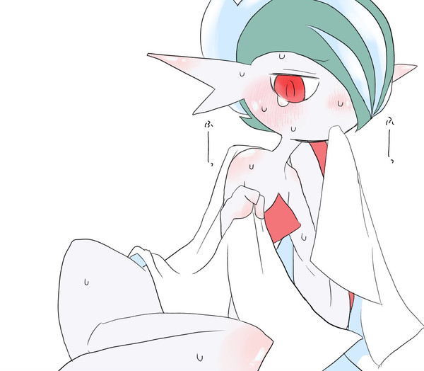 blush bodily_fluids chest_spike covering covering_self gallade generation_4_pokemon green_hair hair hair_over_eye humanoid japanese_text lying male mega_evolution mega_gallade nintendo on_side one_eye_obstructed pokemon pokemon_(species) red_eyes simple_background solo solo_focus spikes spikes_(anatomy) sweat tears text towel towel_only translation_request video_games white_background white_body yamada_(pixiv24040206)