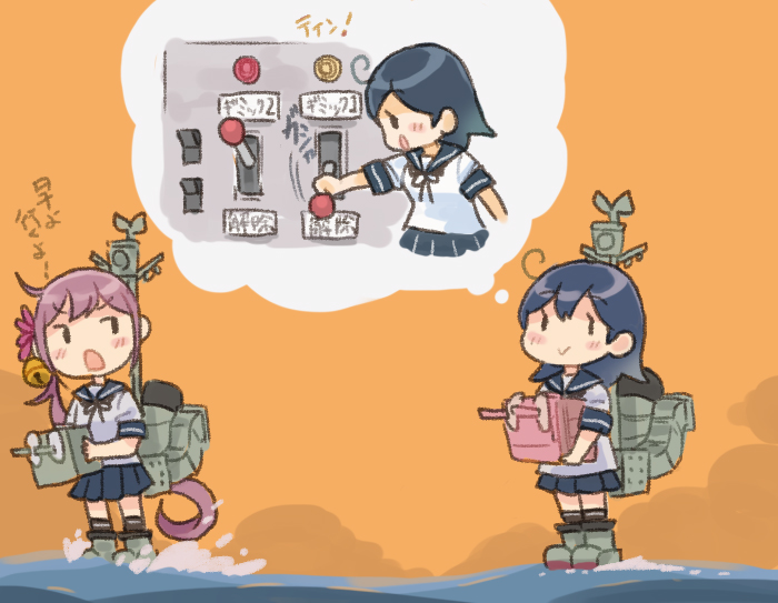 adapted_turret ahoge akebono_(kancolle) bell black_hair black_sailor_collar black_skirt cannon commentary_request flower hair_bell hair_flower hair_ornament imagining jingle_bell kantai_collection lever long_hair machinery orange_background pleated_skirt purple_eyes purple_hair saiguchi_otoufu sailor_collar school_uniform serafuku short_sleeves side_ponytail skirt standing standing_on_liquid switch turret ushio_(kancolle) very_long_hair