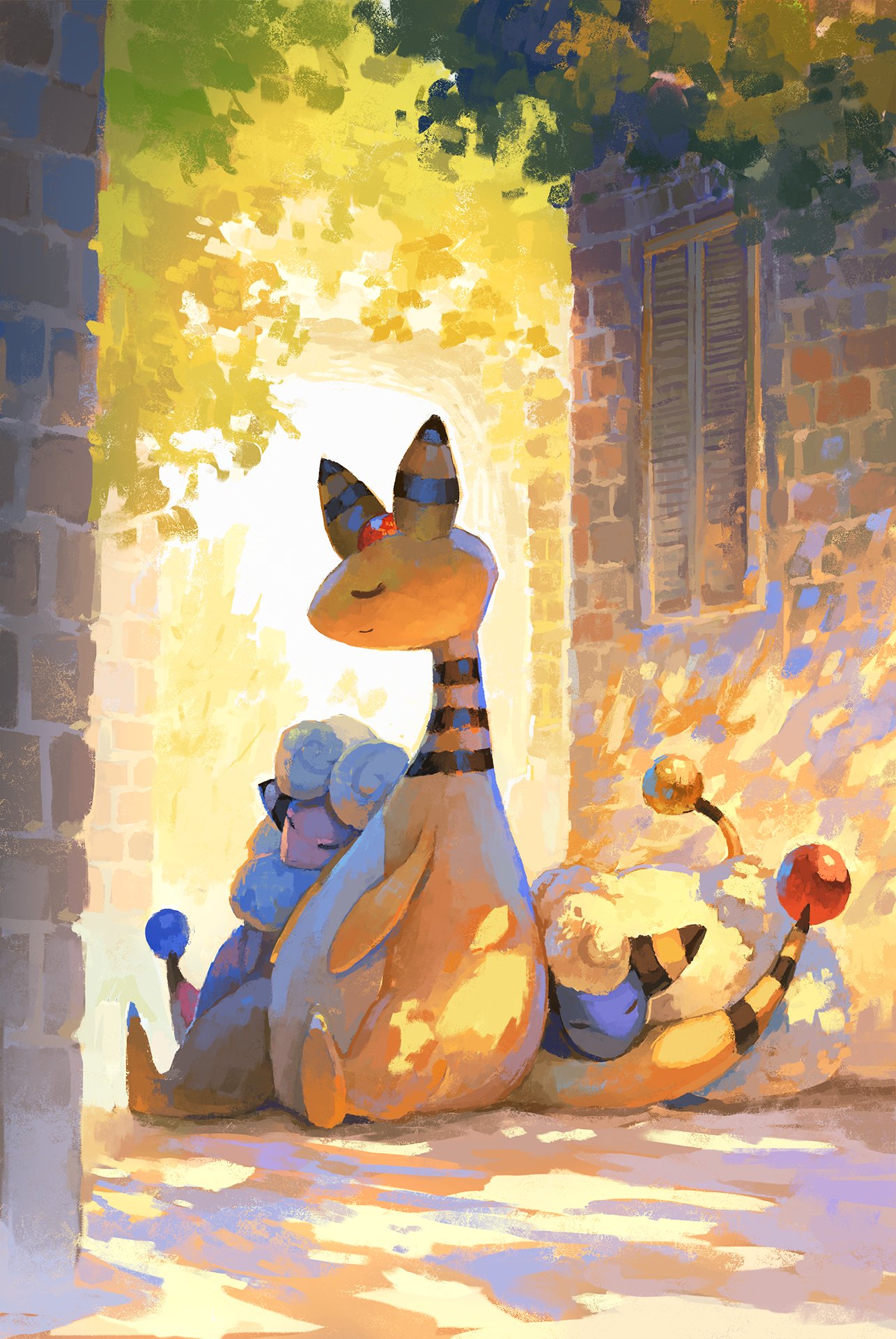 ampharos brick_wall building closed_eyes day evolutionary_line fjsmu flaaffy full_body highres mareep no_humans pokemon pokemon_(creature) sitting sleeping tree window