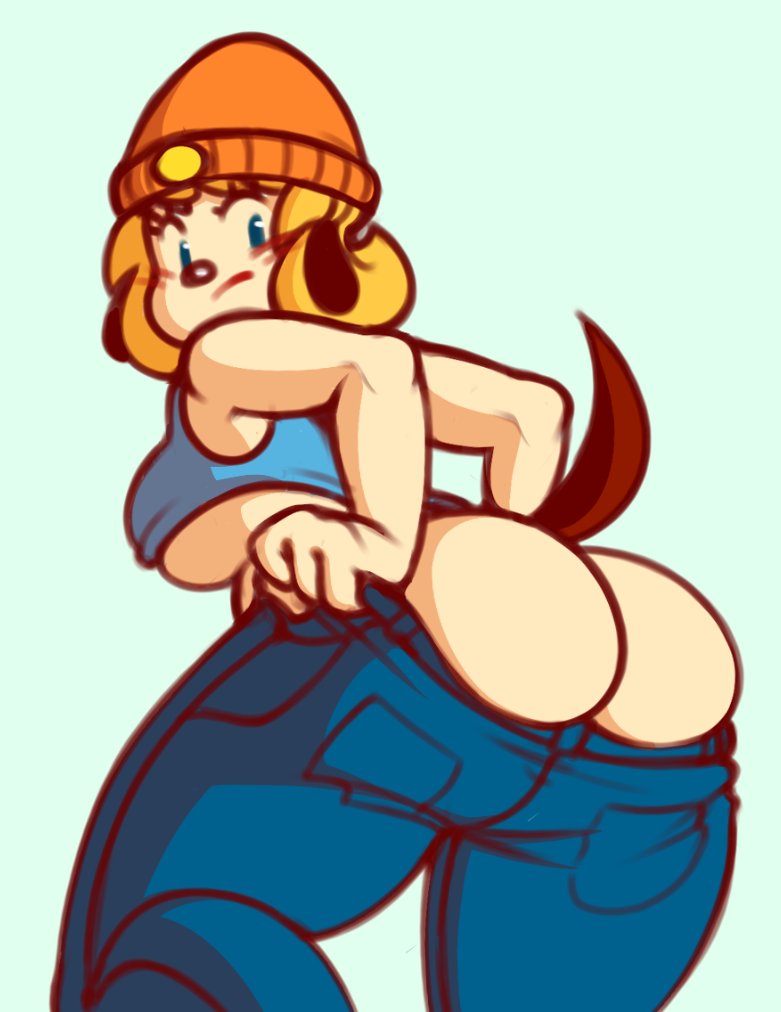 2022 anthro beanie blonde_hair bottomwear butt canid canine canis chipposter clothed clothing cosplay denim denim_clothing domestic_dog dressing female hair hat headgear headwear jeans mama_parappa mammal pants parappa parappa_the_rapper partially_clothed shirt solo sony_corporation sony_interactive_entertainment tan_body tank_top tight_clothing topwear video_games