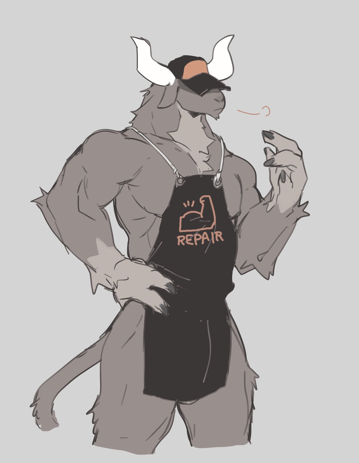 anthro apron balls bebebebebe biped bovid bovine bulge cattle clothed clothing genital_outline genitals grey_body hat headgear headwear hi_res horn male mammal muscular penis_outline simple_background skimpy solo