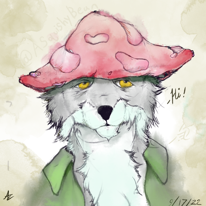 anthro asquishybean canid canine canis chilling clothing digital_media_(artwork) digital_watercolor fluffy fungus hat headgear headwear male mammal mushroom mushroom_hat painting_(artwork) portrait relaxing solo traditional_media_(artwork) watercolor_(artwork) wolf