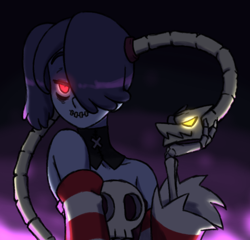 black_background bone female glowing glowing_eyes hair humanoid leviathan_(skullgirls) not_furry one_eye_obstructed ponytail purple_background purple_body purple_hair purple_skin red_eyes rottedpaint separate_sleeves sewn_mouth shoulderless_dress side_ponytail simple_background skull skullgirls smile solo squigly undead video_games yellow_eyes zombie