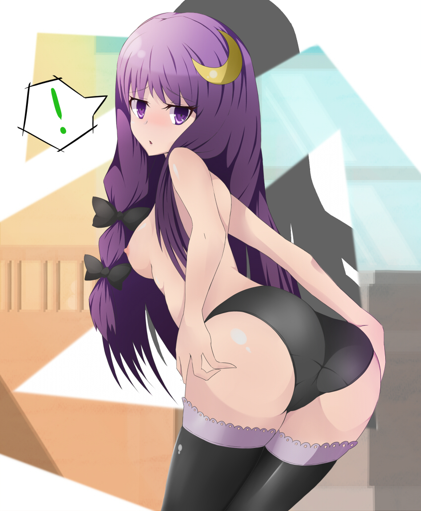 1girl ass bad_id bad_pixiv_id black_legwear black_panties breasts crescent crescent_hair_ornament from_behind hair_ornament looking_back medium_breasts nipples panties patchouli_knowledge solo susabi thighhighs topless touhou underwear underwear_only