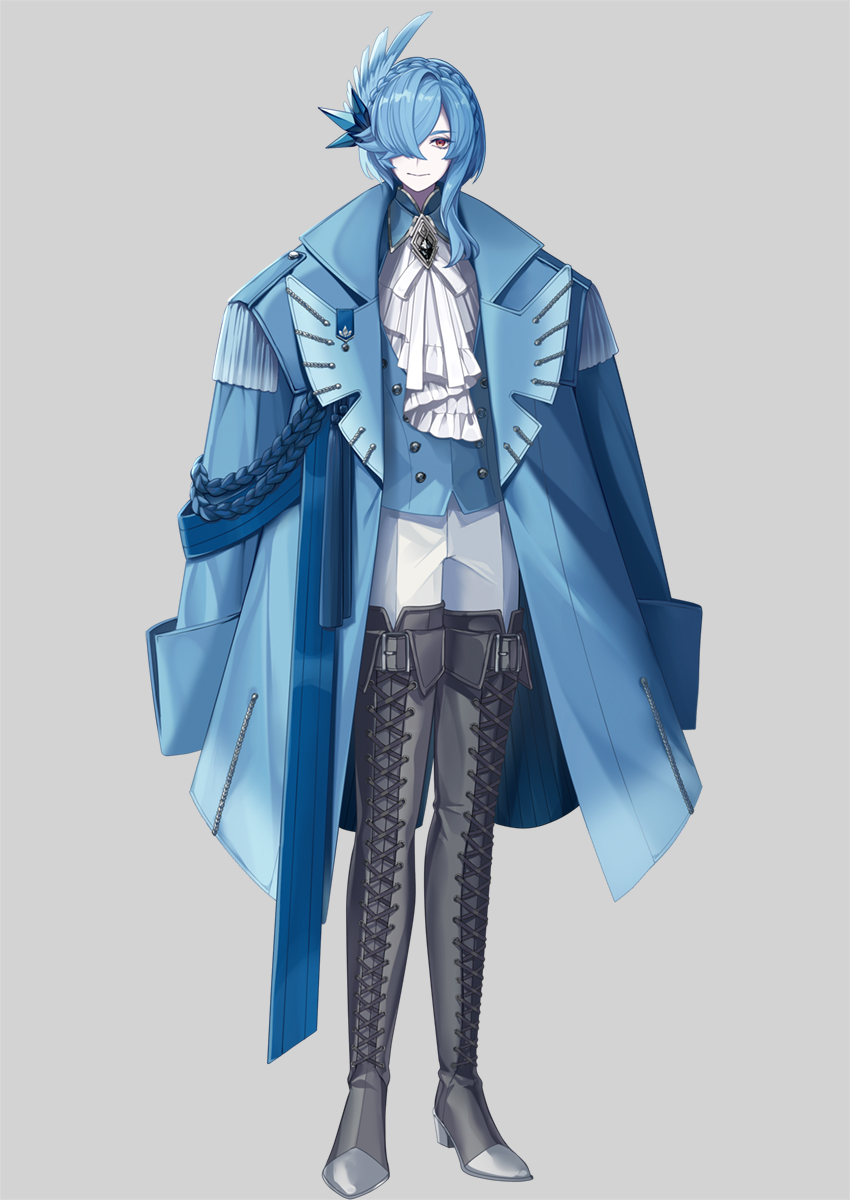 1other androgynous articuno asymmetrical_hair bangs black_gemstone blue_coat blue_feathers blue_gemstone blue_hair blue_jacket boots braid brooch buttons closed_mouth coat coat_on_shoulders colored_skin commentary_request crown_braid feather_hair_ornament feathers fold-over_boots frilled_shirt frills full_body gem grey_background grey_footwear hair_ornament hair_over_one_eye highres jacket jewelry looking_at_viewer medal medium_hair merlusa neck_ribbon one_eye_covered open_clothes open_coat other_focus pants personification pokemon red_eyes ribbon shiny shiny_hair shirt sidelocks simple_background solo standing thigh_boots white_pants white_ribbon white_shirt white_skin
