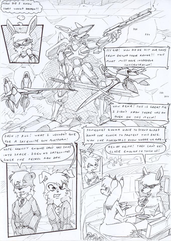 aircraft angry angry_expression anthro badger black_and_white border cable cake canid canine canis clothing comic convenient_censorship cracked_wall cracks crossed_arms dessert dialogue dipstick_ears dipstick_tail duncan_(kitfox_crimson) english_text eye_patch eye_patch_only eyewear female food fox glasses group gun hair hand_in_pocket hole_(pit) hole_in_wall honey_badger kangaroo keith_(kitfox-crimson) kitfox-crimson lagomorph leporid long_hair machine macropod male mammal markings marsupial mecha melee_weapon monochrome multicolored_ears mustelid musteline necktie nude open_mouth outside_border plate pockets rabbit ranged_weapon rena_(kitfox_crimson) screen sitting sketch smoke smoking_gun suit sword tail_markings text thinking weapon