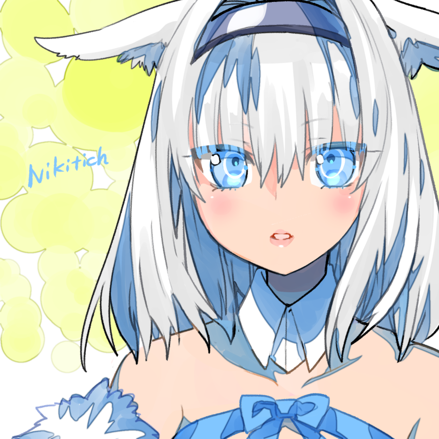 1girl animal_ear_fluff animal_ears bangs bare_shoulders blue_bow blue_eyes blush bow breasts cat_ears cat_girl character_name detached_collar dobrynya_nikitich_(fate) fate/grand_order fate_(series) fur_trim hair_bow hairband long_hair looking_at_viewer low_ponytail robina solo white_hair
