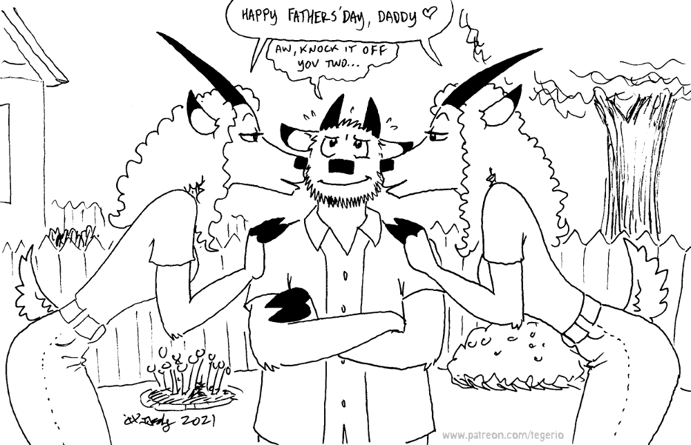 &lt;3 antelope anthro bovid breasts building cassandra_(tegerio) clothed clothing dani_(tegerio) daughter dipstick_ears father female group herm_(lore) hooves horn house male mammal multicolored_ears outside parent plant scut_tail short_tail shrub sibling sister tegerio tree trio