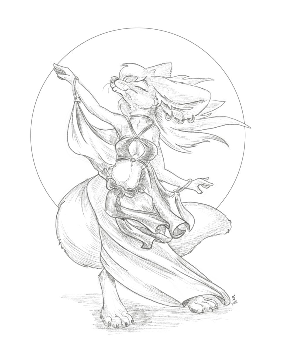 2022 anthro beartp breasts canid canine cleavage clothed clothing dancing ear_piercing ear_ring eyes_closed female fennec flinters fox fur greyscale hair hi_res mammal midriff monochrome piercing ring_piercing solo whiskers