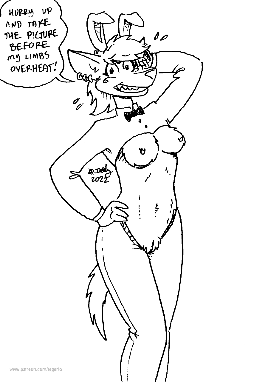 2022 anthro black_and_white bodily_fluids breasts canid canine canis dialogue dingo ear_piercing ear_ring english_text fake_ears fake_rabbit_ears female fur genitals hair hi_res liz_(tegerio) mammal monochrome navel nipples piercing pussy reverse_bunny_costume ring_piercing smile solo sweat tegerio text
