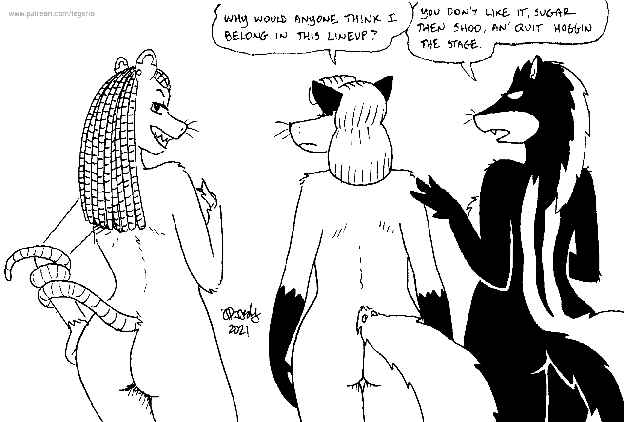 2021 alice_chetsweeks android anthro black_and_white butt canid canine catherine_o'daisies dialogue english_text female fox fur gloves_(marking) group hair machine mammal mara_supial markings marsupial mephitid monochrome nude phalangeriform rear_view robot skunk striped_skunk tegerio text trio whiskers zandar's_saga