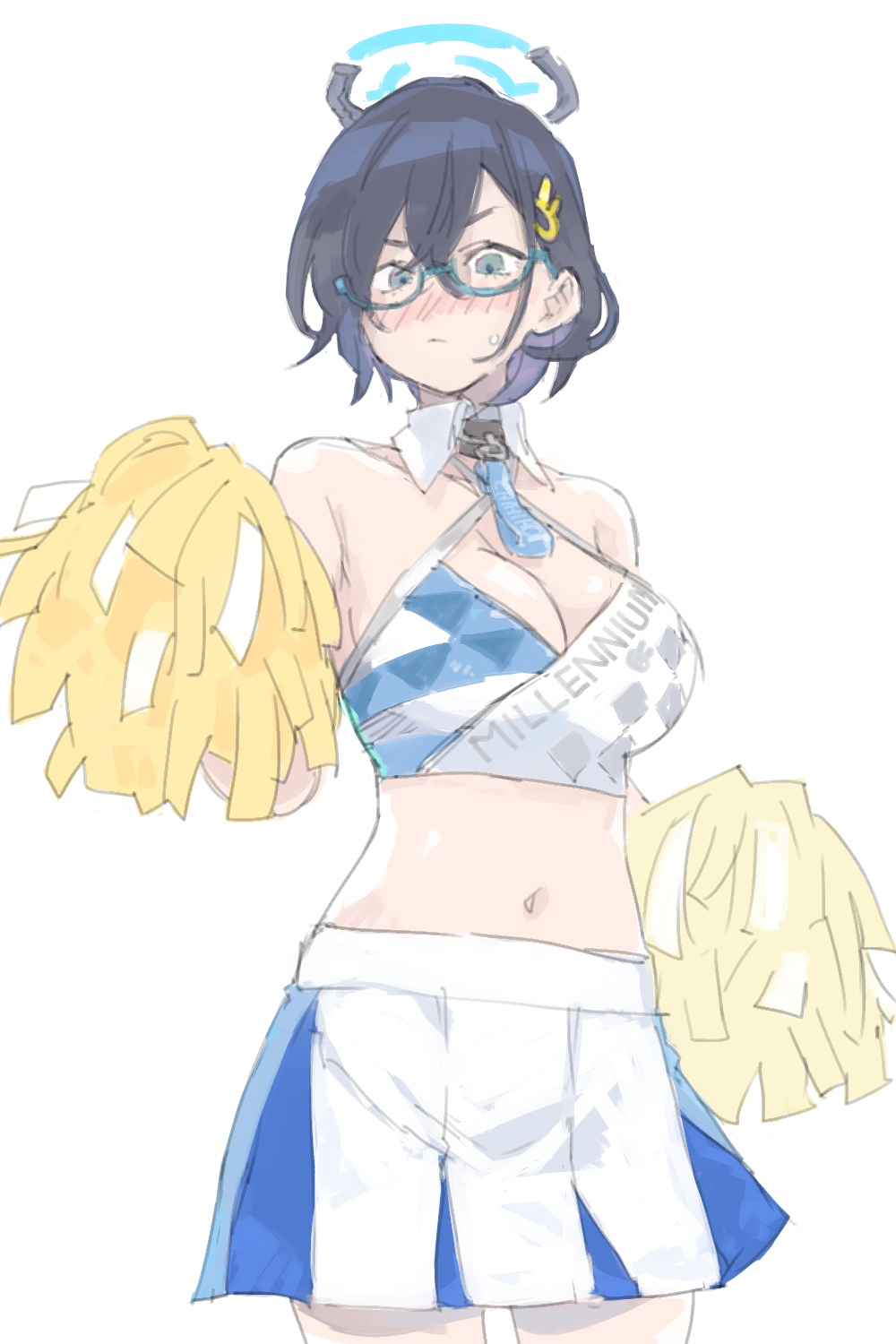 1girl bare_shoulders black_hair blue_archive blush breasts cheerleader chihiro_(blue_archive) cleavage detached_collar glasses hair_between_eyes hair_ornament halo highres holding holding_pom_poms midriff pom_pom_(cheerleading) sape_(saperon_black) semi-rimless_eyewear short_hair skirt solo