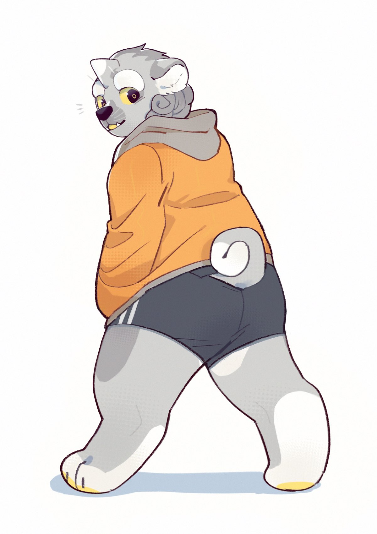 anthro asnnonaka bottomwear clothed clothing curled_tail fangs full-length_portrait fur glistening glistening_eyes grey_body grey_bottomwear grey_clothing grey_fur head_tuft hi_res looking_at_viewer looking_back looking_back_at_viewer male open_mouth orange_clothing orange_topwear overweight overweight_anthro overweight_male pawpads portrait ryuusei simple_background solo standing topwear tuft unsigned white_background white_body white_fur yellow_pawpads