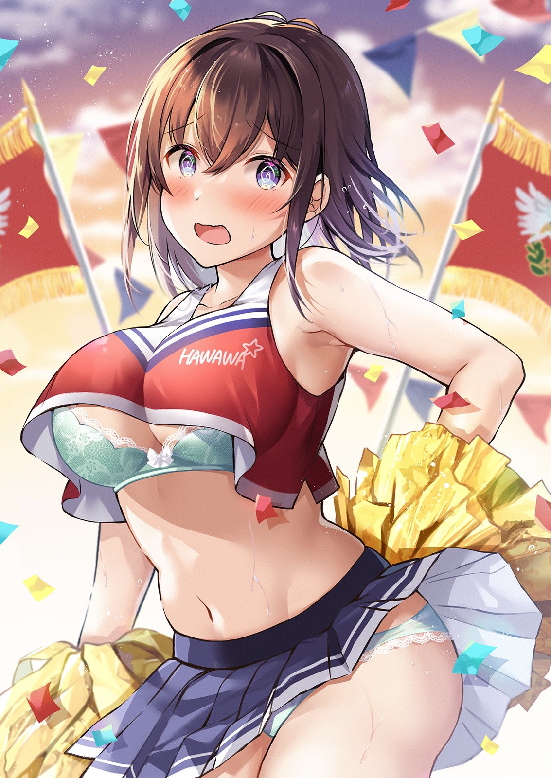 1girl :o @_@ aqua_bra aqua_panties arm_at_side bangs bare_arms bike_shorts blue_skirt blush bra breasts brown_hair cheerleader cleavage clothes_lift cloud commentary_request confetti crop_top crossed_bangs embarrassed evening flag highres large_breasts looking_at_viewer navel original outdoors panties pleated_skirt pom_pom_(cheerleading) purple_eyes red_shirt shiro_kuma_shake shirt skirt skirt_lift sky solo standing stomach sunset sweat underwear wavy_mouth