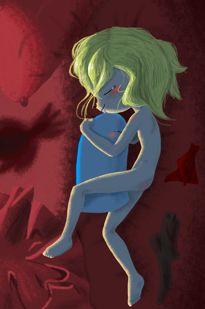 blonde_hair bloo_(character) blush butt cartoon_network cute_expression embrace eurotrish female foster's_home_for_imaginary_friends hair hug lewlem lying male messy_hair nude on_side sleeping smile