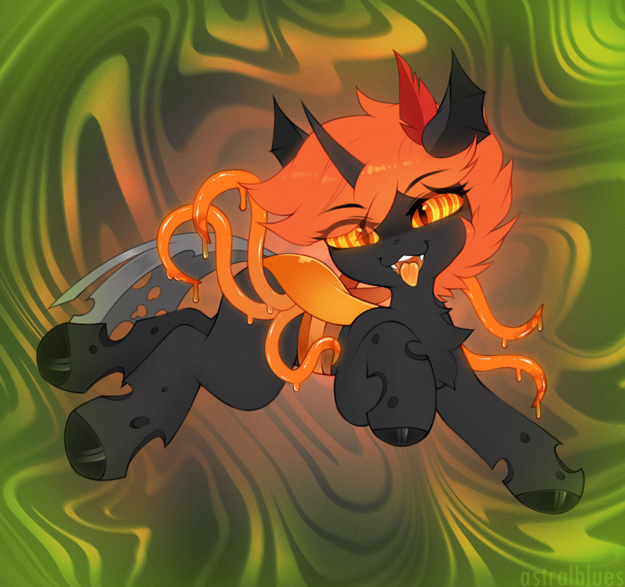 ambiguous_gender arthropod astralblues black_body black_fur changeling chest_tuft digital_media_(artwork) eyelashes fan_character fangs feral friendship_is_magic fur grey_tail hair hasbro hi_res hooves looking_at_viewer my_little_pony open_mouth open_smile orange_eyes orange_hair pupils signature slit_pupils smile solo tentacles tongue tongue_out tuft