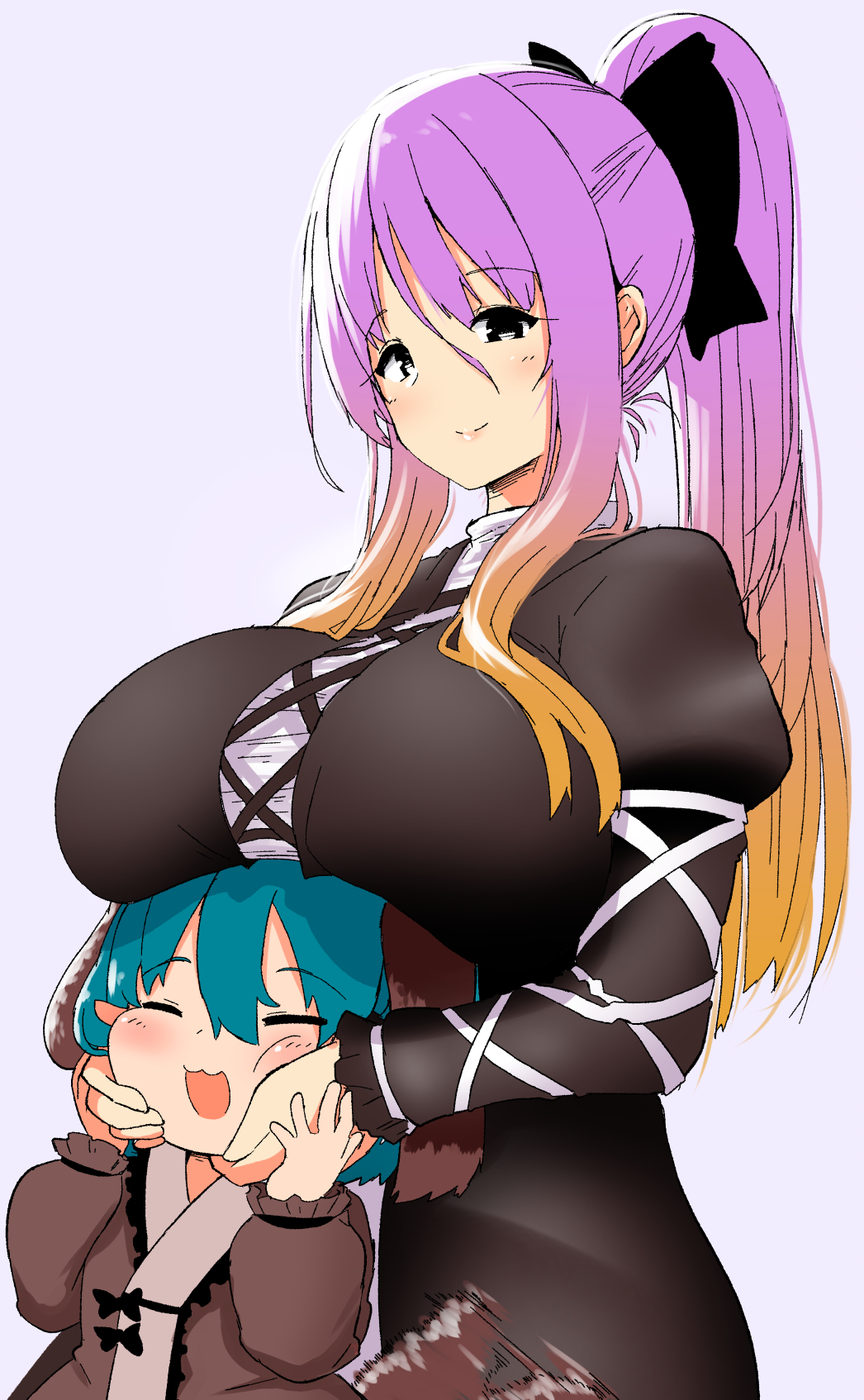 2girls :d akure_ekuto alternate_hairstyle animal_ears black_bow black_dress blush bow breasts brown_dress brown_hair closed_eyes closed_mouth commission dog_ears dog_tail dress gradient_hair green_hair hair_bow hands_on_another's_cheeks hands_on_another's_face heart highres hijiri_byakuren huge_breasts juliet_sleeves kasodani_kyouko long_hair long_sleeves looking_at_viewer multicolored_hair multiple_girls open_mouth ponytail puffy_sleeves purple_hair sidelocks simple_background smile tail tail_wagging touhou white_background yellow_eyes