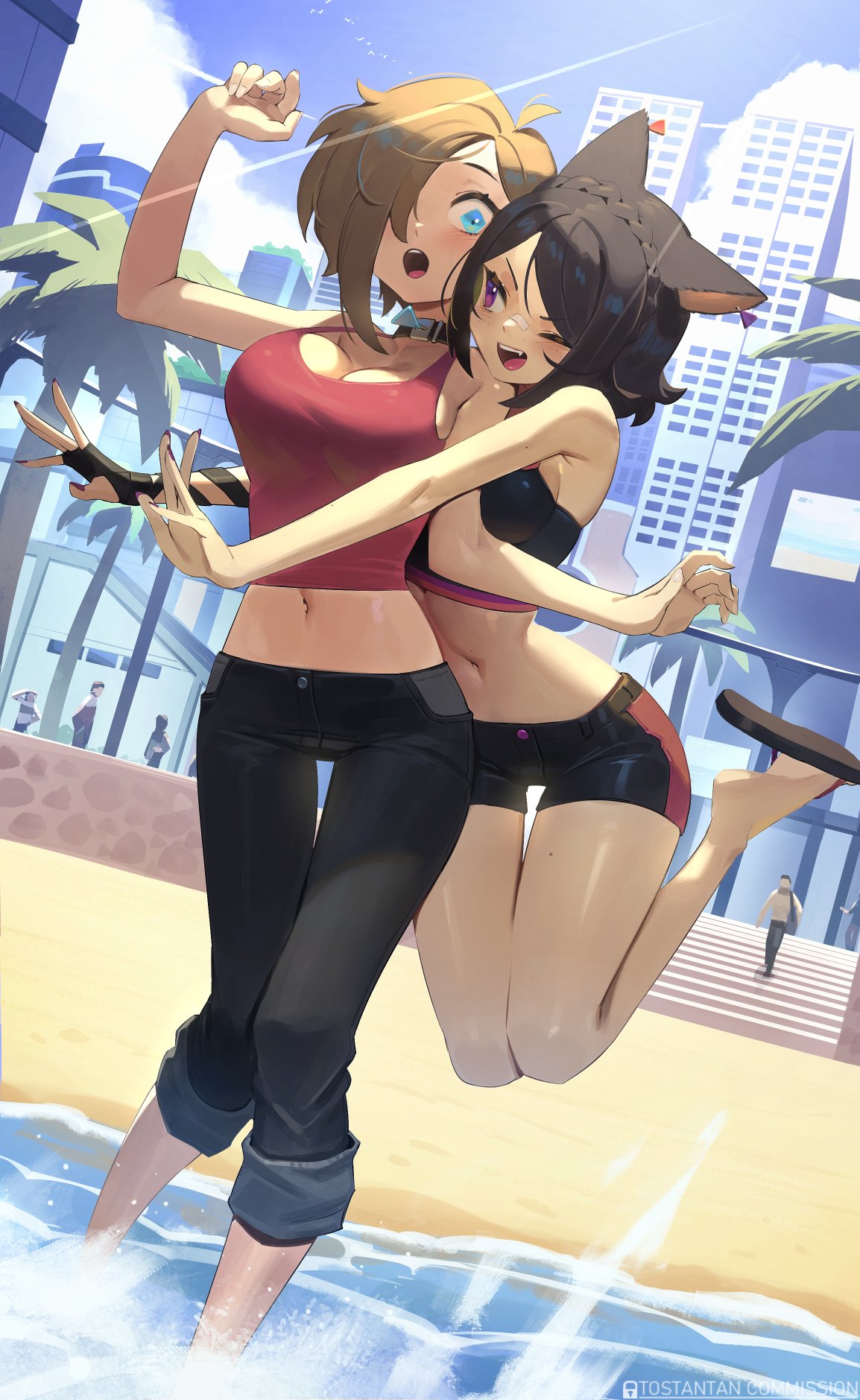 2girls ;d animal_ears bangs beach black_hair black_pants blonde_hair blue_eyes breasts cat_ears commentary commission day english_commentary flip-flops hair_over_one_eye highres hug large_breasts midriff multiple_girls navel one_eye_closed one_eye_covered original outdoors palm_tree pants pants_rolled_up purple_eyes red_tank_top sandals short_shorts shorts smile tank_top thigh_gap tostantan tree water