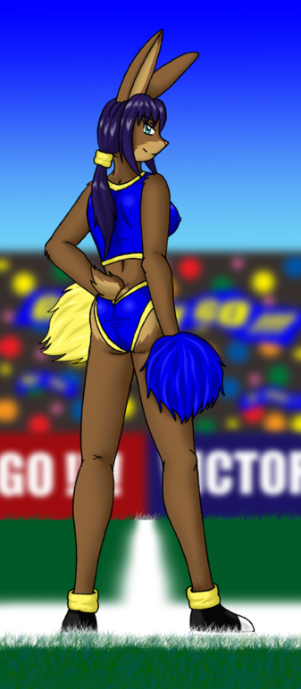 anthro blue_eyes blue_hair brown_body butt cheerleader cheerleader_outfit clothing countershade_butt countershading crowd female fluffy fluffy_tail grass group hair lagomorph leporid long_ears looking_at_viewer looking_back mammal nipple_outline pink_nose plant pom_poms ponytail rabbit rear_view short_tail solo solo_focus stadium tight_clothing vjmorales
