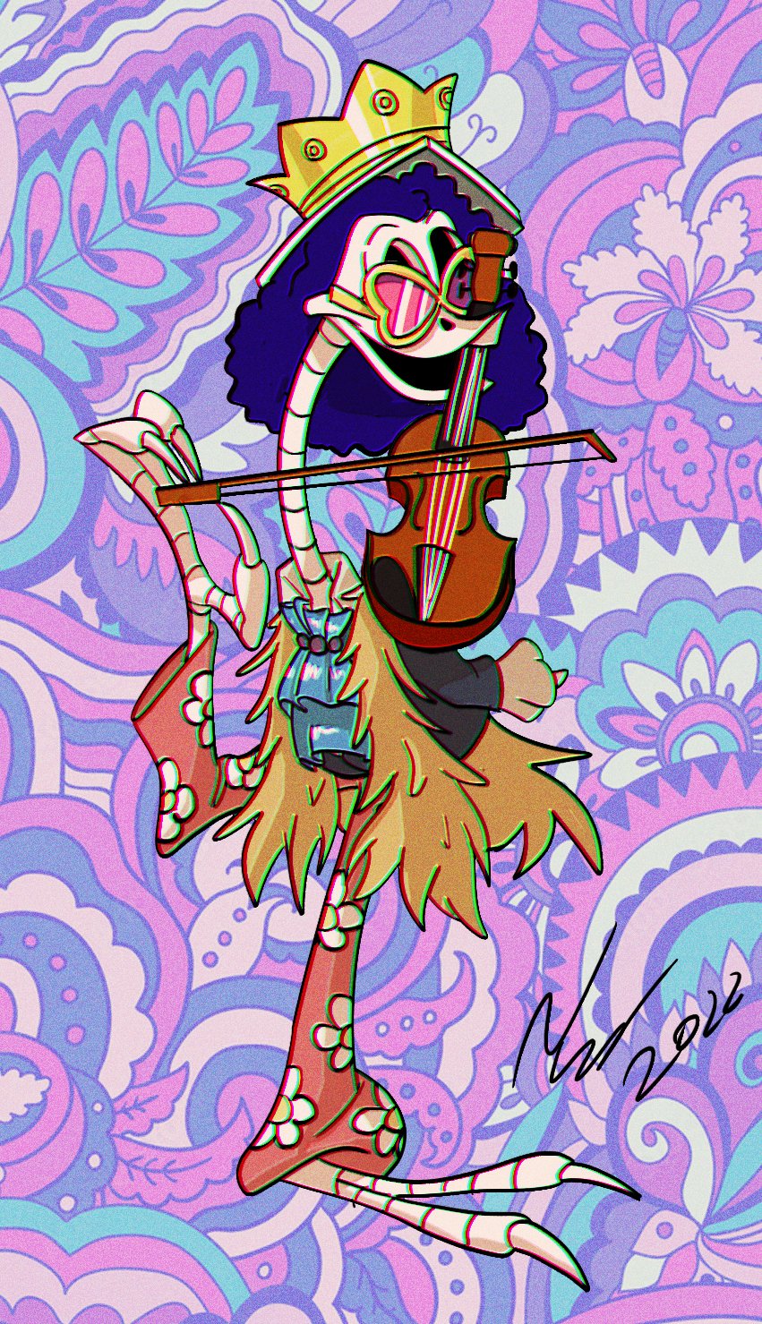 2022 avian bird bone bowed_string_instrument brook_(one_piece) clothed clothing cosplay crossover crossover_cosplay cuculiform feral full-length_portrait hair hi_res looney_tunes male musical_instrument new_world_ground_cuckoo one_piece portrait road_runner_(looney_tunes) roadrunner signature skeleton string_instrument violin warner_brothers year yeaunganimation
