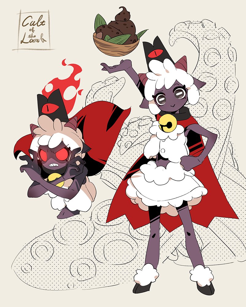 1girl animal_ears bangs bell black_skin cape colored_skin commentary crown cult_of_the_lamb donuttypd full_body furry furry_female goat_horns horizontal_pupils horns looking_at_viewer neck_bell red_crown_(cult_of_the_lamb) red_eyes sheep_ears sheep_girl sheep_tail tail the_lamb_(cult_of_the_lamb) white_hair