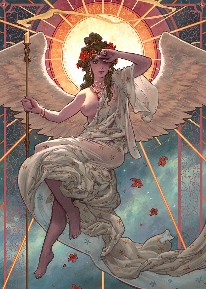 accessory andrewkmar angel angel_humanoid breasts candle clothing ear_piercing exposed_breasts female flower flower_in_hair flower_wreath flying hair hair_accessory hair_bun halo jewelry looking_at_viewer mandala necklace nude piercing plant solo spread_wings staff stylized tasteful_nudity toga wings