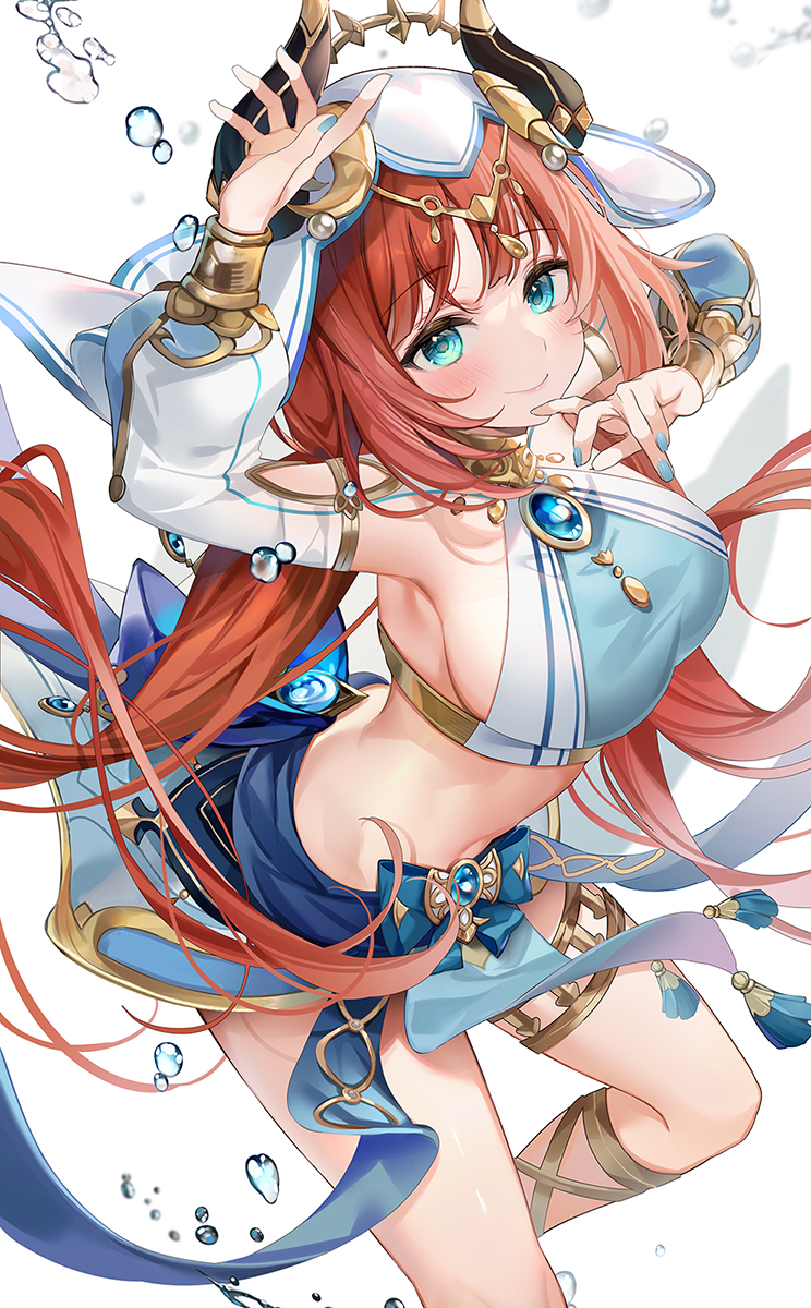 1girl aqua_eyes arm_up armpits bangs blue_nails blue_skirt blush breasts brooch circlet closed_mouth clothing_cutout commentary_request crop_top dancer detached_sleeves floating_hair forehead_jewel genshin_impact gladiator_sandals gold_trim harem_outfit highres horns jewelry large_breasts long_hair long_sleeves looking_at_viewer low_twintails machi_(7769) nail_polish neck_ring nilou_(genshin_impact) paid_reward_available parted_bangs puffy_long_sleeves puffy_sleeves red_hair sandals sideboob simple_background skirt smile solo stomach thighlet thighs twintails vambraces veil vision_(genshin_impact) water white_background