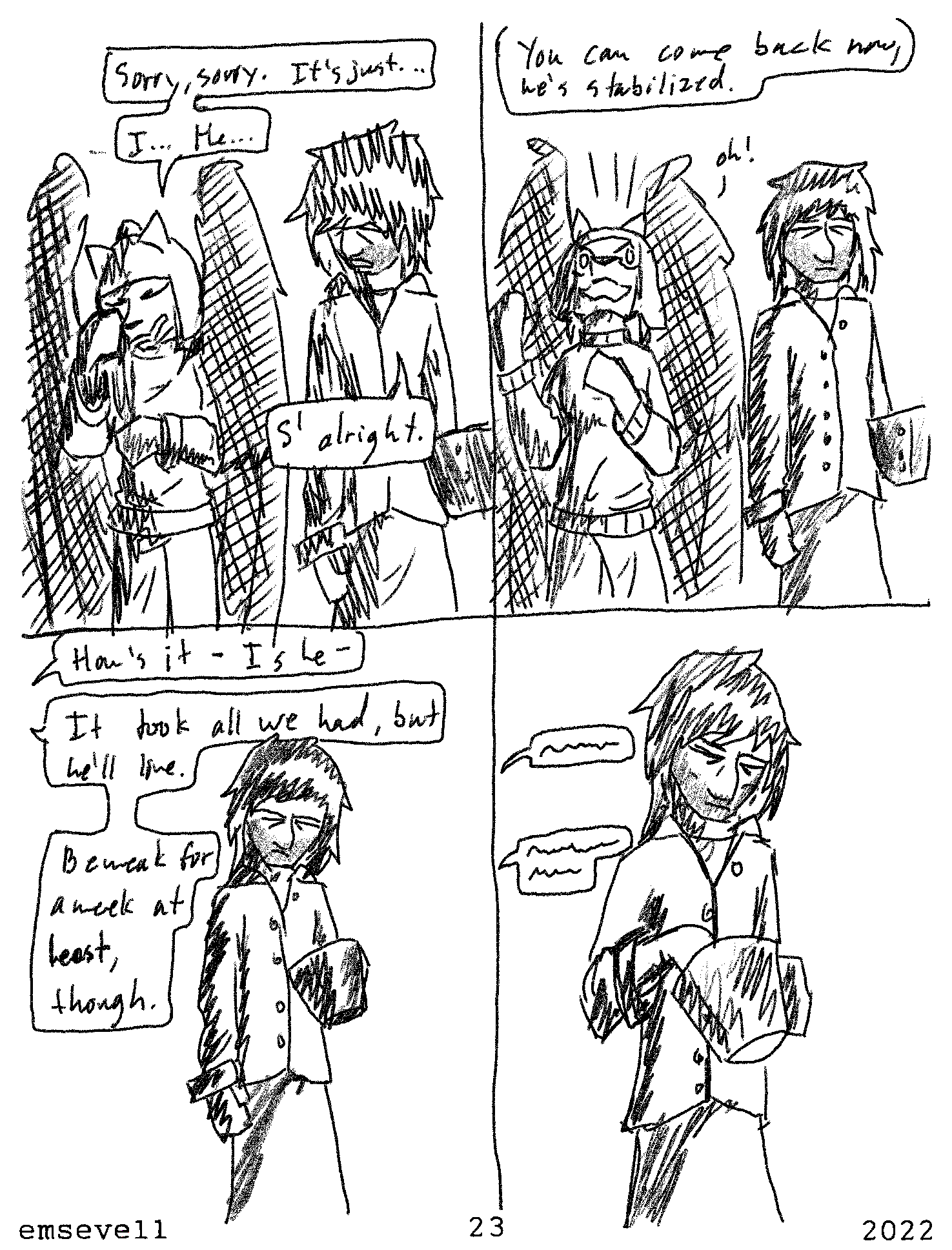 a_story_with_a_known_end black_and_white cameron_cress clothing comic container cross-hatching emsevell english_text feathered_wings feathers felid feline female hat hatching_(art) headgear headwear hi_res human male mammal monochrome page_number shaded simple_background text webcomic wings