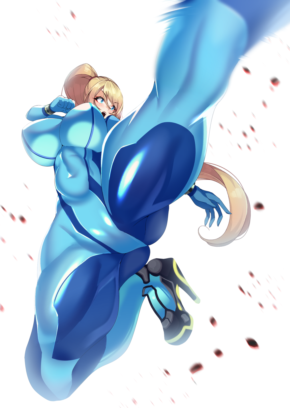 1girl ass blonde_hair blue_bodysuit blue_eyes bodysuit breasts covered_navel dynamic_pose high_heels highres impossible_bodysuit impossible_clothes kicking large_breasts metroid metroid_(classic) muscular muscular_female paralyzer ponytail samus_aran shiny shiny_clothes skin_tight solo thick_thighs thighs volyz zero_suit