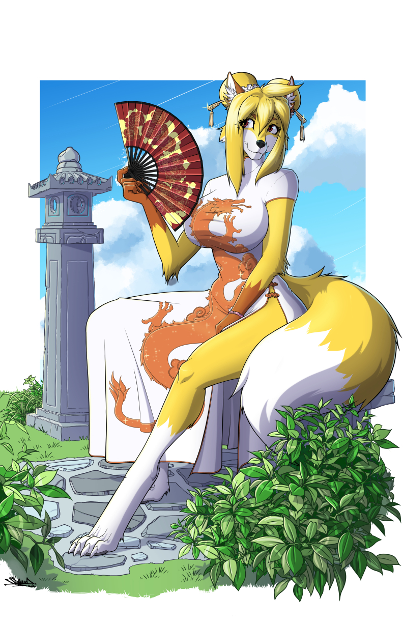 2022 4_toes 5_fingers anthro asian_clothing barefoot black_nose blonde_hair breasts canid canine chinese_clothing chinese_dress claws clothed clothing digital_media_(artwork) dress east_asian_clothing feet female finger_claws fingers fox foxy-rena fur hair hair_bun hi_res hindpaw humanoid_hands mammal multicolored_body multicolored_fur paper_fan paws siekfried signature sitting solo toe_claws toes two_tone_body two_tone_fur white_body white_fur yellow_body yellow_fur