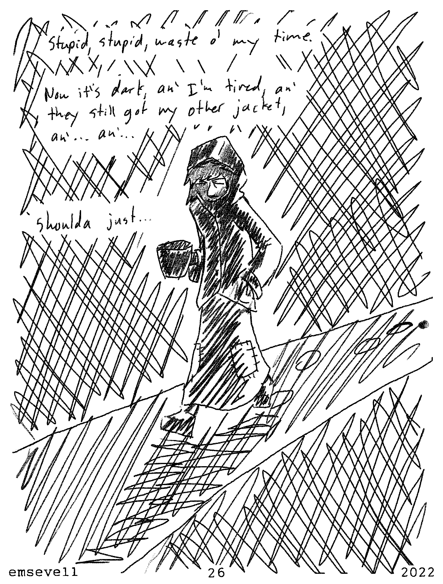 a_story_with_a_known_end cameron_cress clothing coat comic complaining container cross-hatching emsevell english_text footprints hand_in_pocket hatching_(art) hi_res human male mammal night page_number pockets shaded solo text topwear webcomic