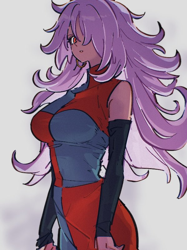 1girl android_21 breasts checkered_clothes checkered_dress dragon_ball dragon_ball_fighterz dress earrings grey_background hair_over_one_eye hoop_earrings jewelry kemachiku large_breasts long_hair looking_at_viewer majin_android_21 pink_hair red_eyes simple_background solo