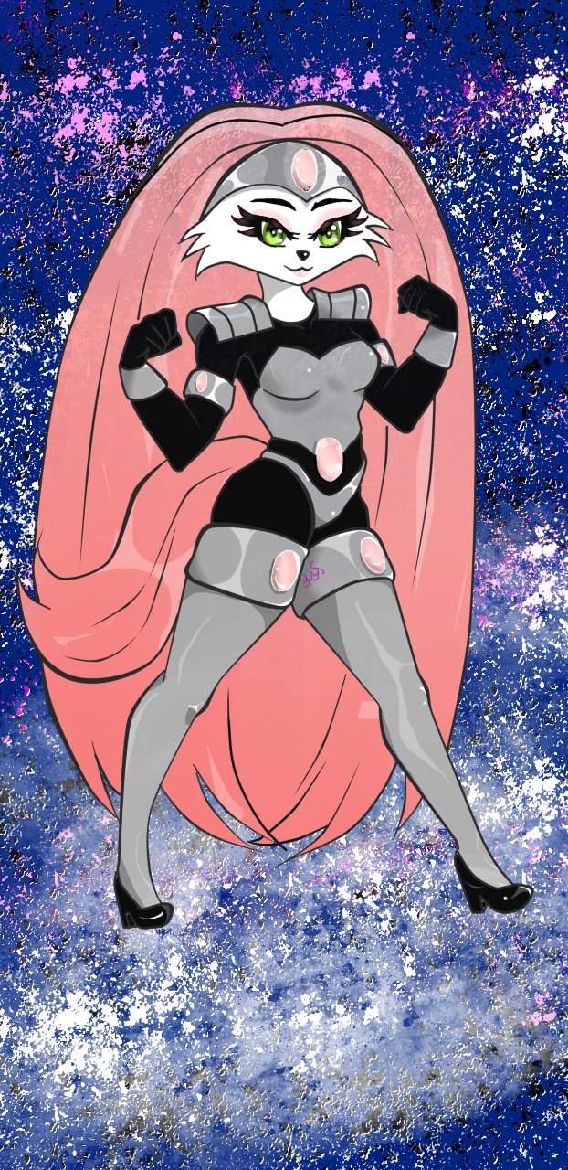 anthro blue_background bucky_o'hare_(series) button_nose clothing female fist flexing fur gem green_hair hair headgear hi_res high_boots jenny_(bucky_o'hare) lagomorph leporid long_hair looking_at_viewer mammal pink_hair rabbit renv signature simple_background smile solo uniform white_body white_fur